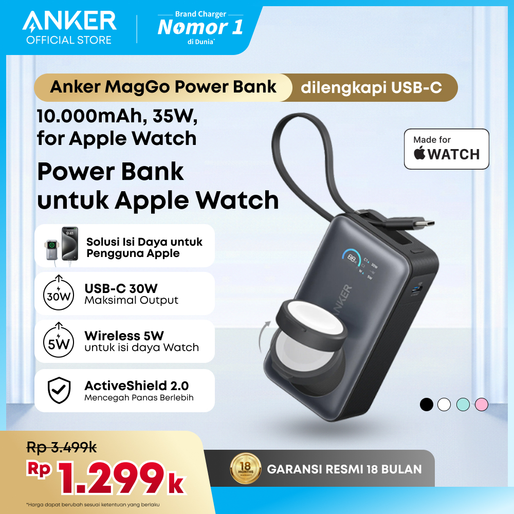 Anker MagGo Power Bank for Apple Watch 10,000 mAh Compact Battery Pack with Built-in USB-C Cable 35W
