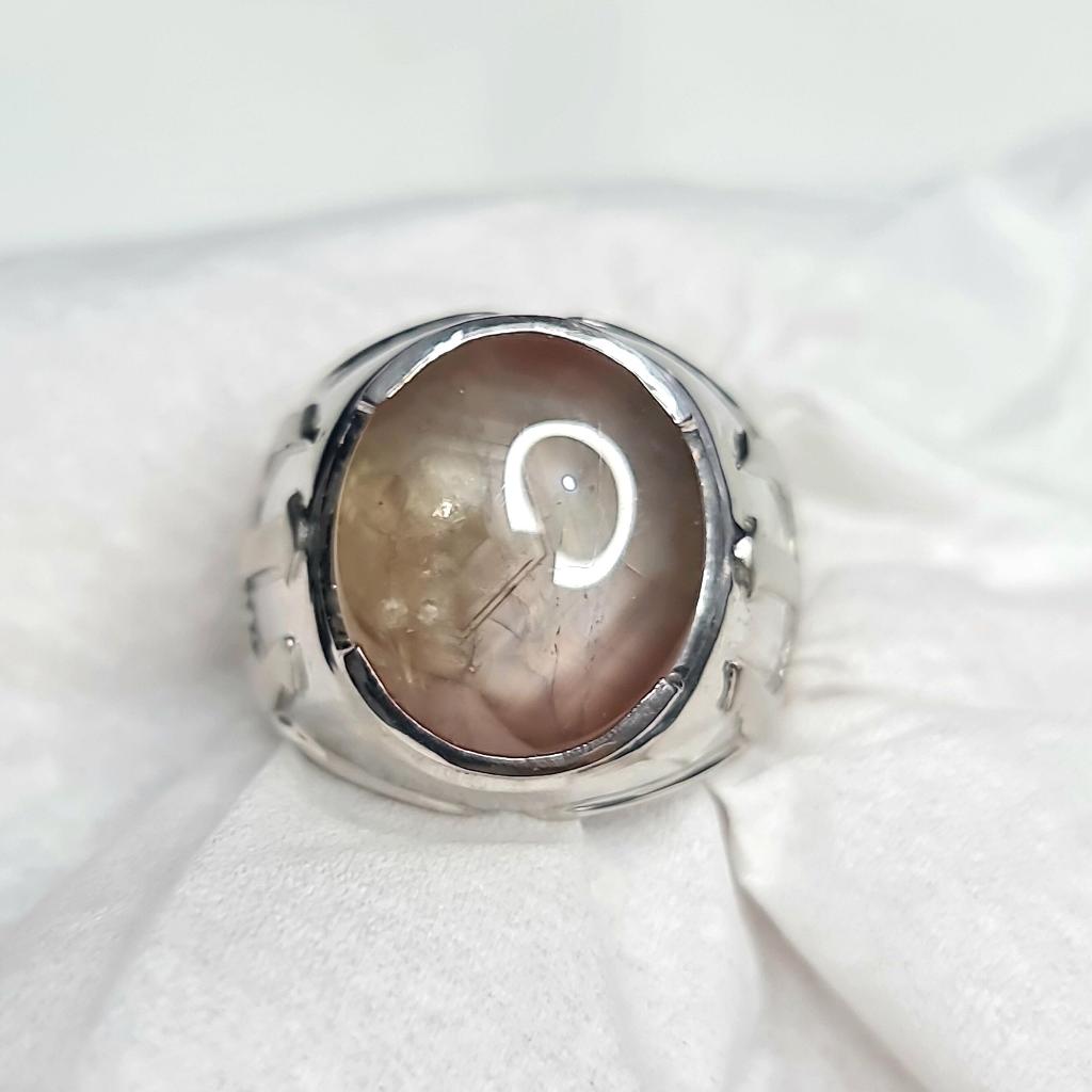 Unheated 18 CT Srilangka Brown Star Sapphire Silver Handmade Aquaman Poseidon Trident Carved Mens Ri