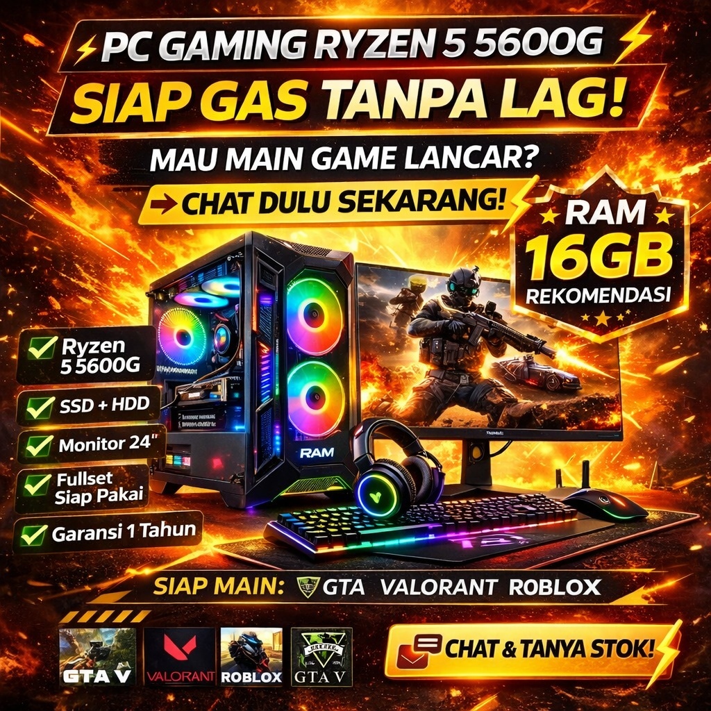 PC GAMING 5 JUTAAN? RYZEN 5 5600Gt 16GB FULLSET 24” SIAP MAIN GTA V VALORANT