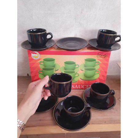 CANGKIR KERAMIK SET HITAM LIST GOLD