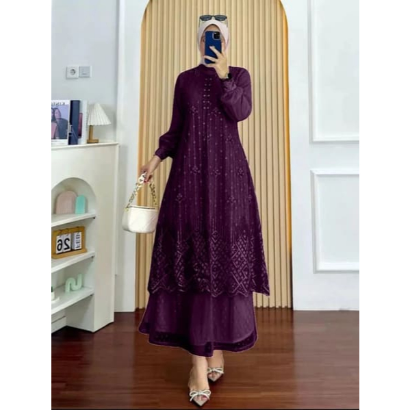 Baju Gamis Burgundy Wanita Mewah Layla Dress Bahan Velvet Mix Terbaru Brukat Kombinasi Tille Premium