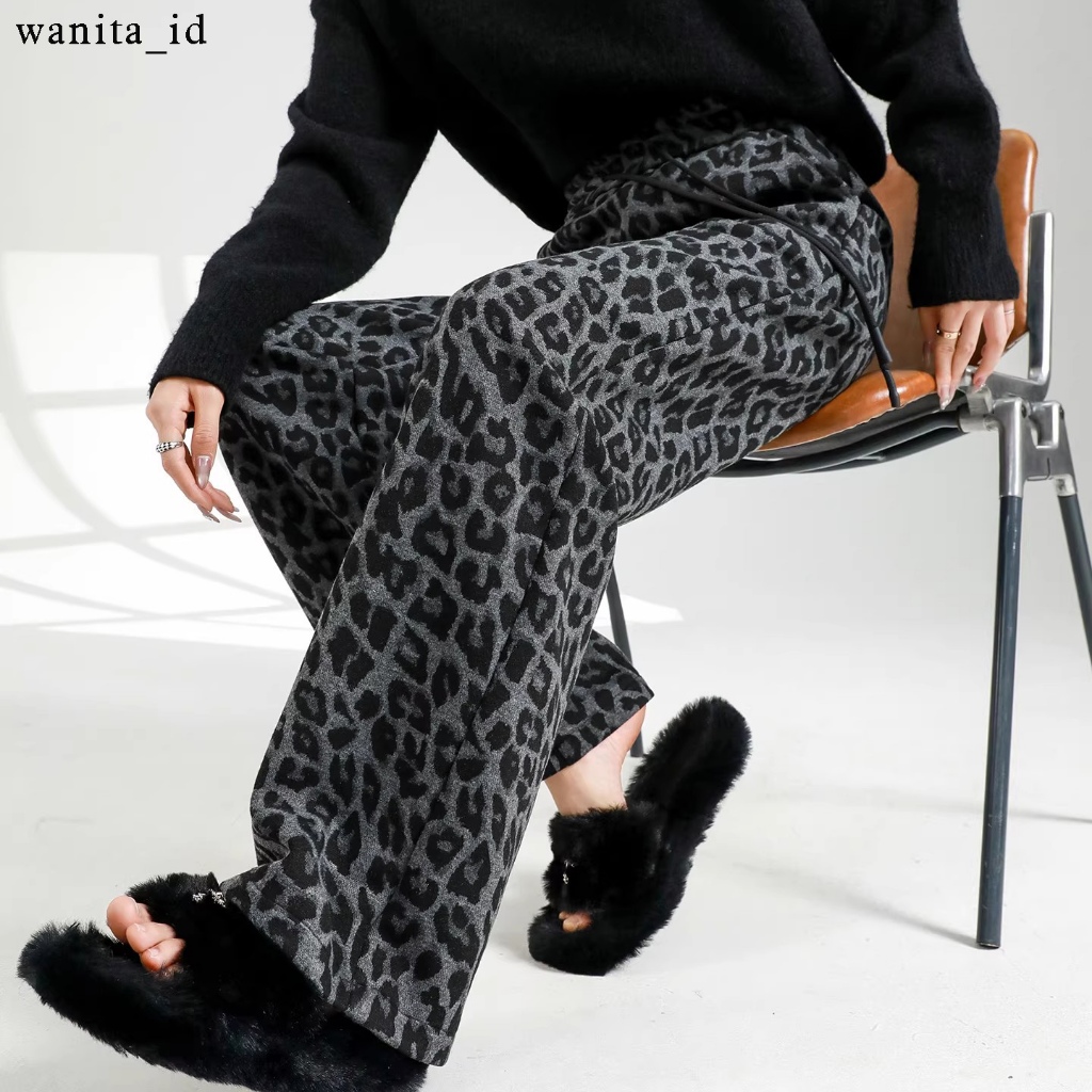 PATTERN PANJANG WANITA LEOPARD / Leopard Kain Wol Celana Lebar Motif Retro