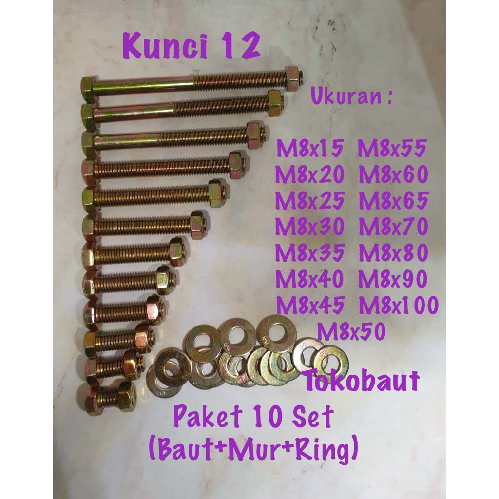 (paket 10 set) baut 12 (8mm) x (panjang 1,5cm - 10cm) + mur + ring