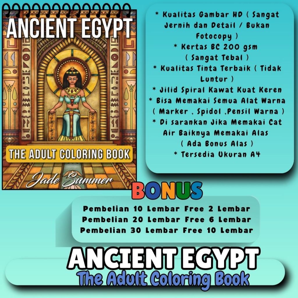 ANCIENT EGYPT The Adult Coloring Book Buku Mewarnai Premium Kertas BC 220 gsm Sangat Tebal Gambar Ba
