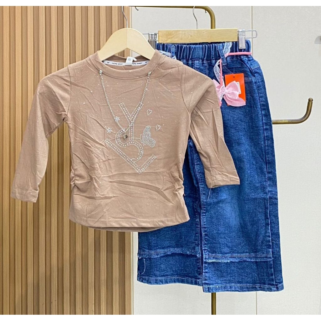 set kulot jeans anak bahan kaos premium serut mix jeans tebal