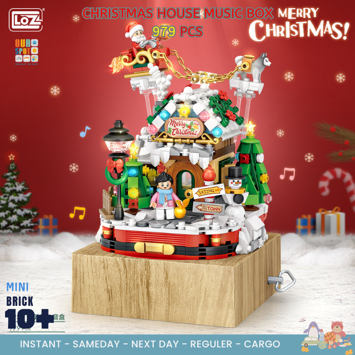 Loz Mini Block Christmas House Music Box 1238 (979 pcs) - diy music box mini brick