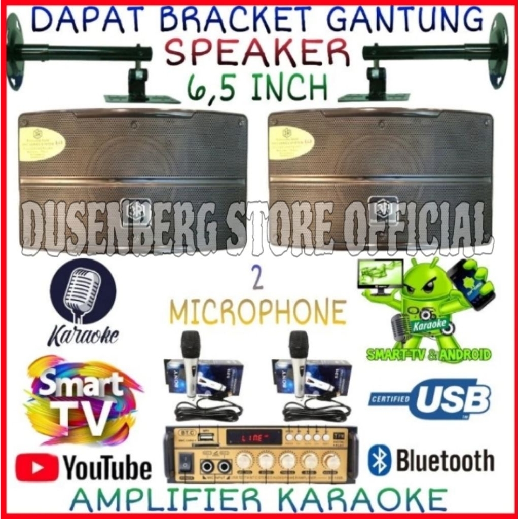 Karaoke Set Smart Tv Di Youtube Speaker 3R 6,5 Inch Ampli 2 Mic Kabel