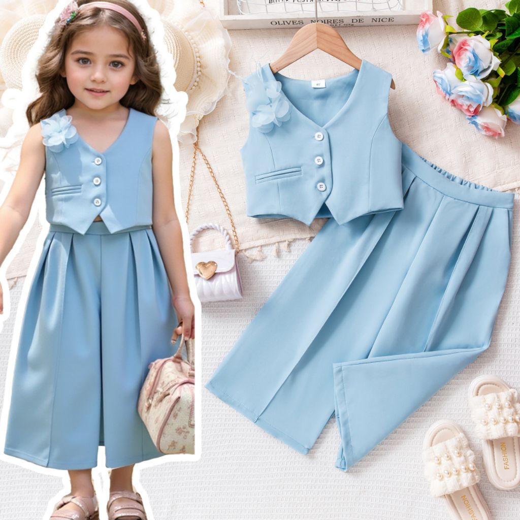 Setelan Anak Perempuan Tanpa Lengan Warna Biru Langit Vest & Celana Kulot Anak Fashionable