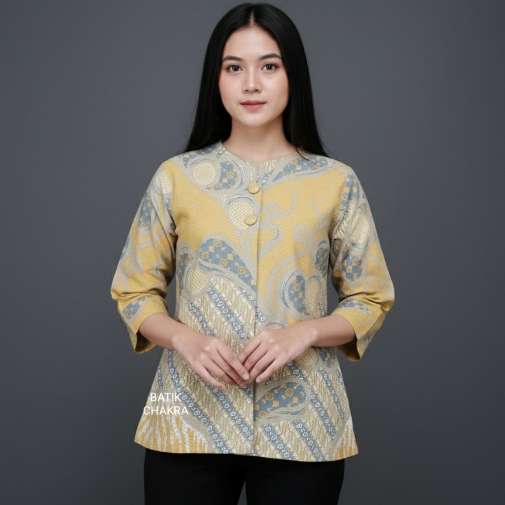 blus batik wanita modern KUNING bahan katun lapis full trikot