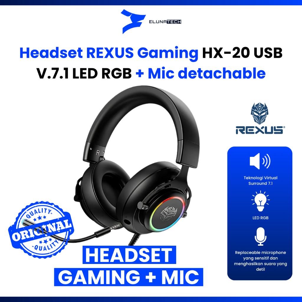 Headset REXUS Gaming HX-20 (BLACK) USB V.7.1 LED RGB + Mic detachable Hitam Empuk original