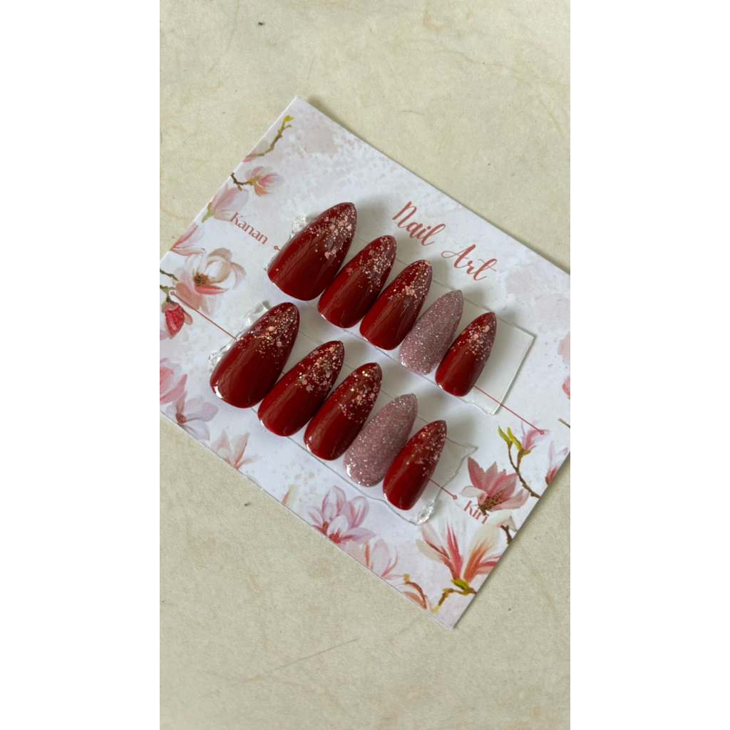 Nail Art Kuku palsu pengantin 10 buah + Lem press on nail warna maroon elegan