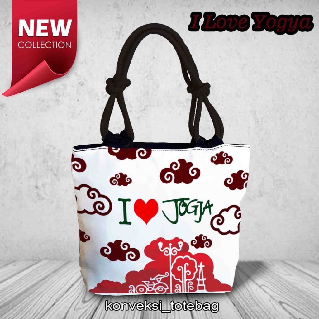 (konveksi totebag) Souvenir tas motif Yogyakarta/totebag tali sumbu kepang warna hitam motif Yogya/o