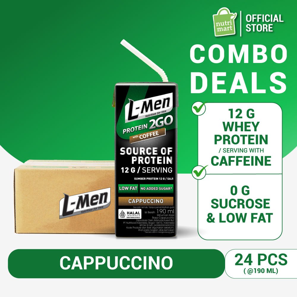 1 Karton - L-Men UHT Protein 2GO Coffee Cappucino 190 ml  - 12 gram Whey Protein - Dilengkapi L-Carn