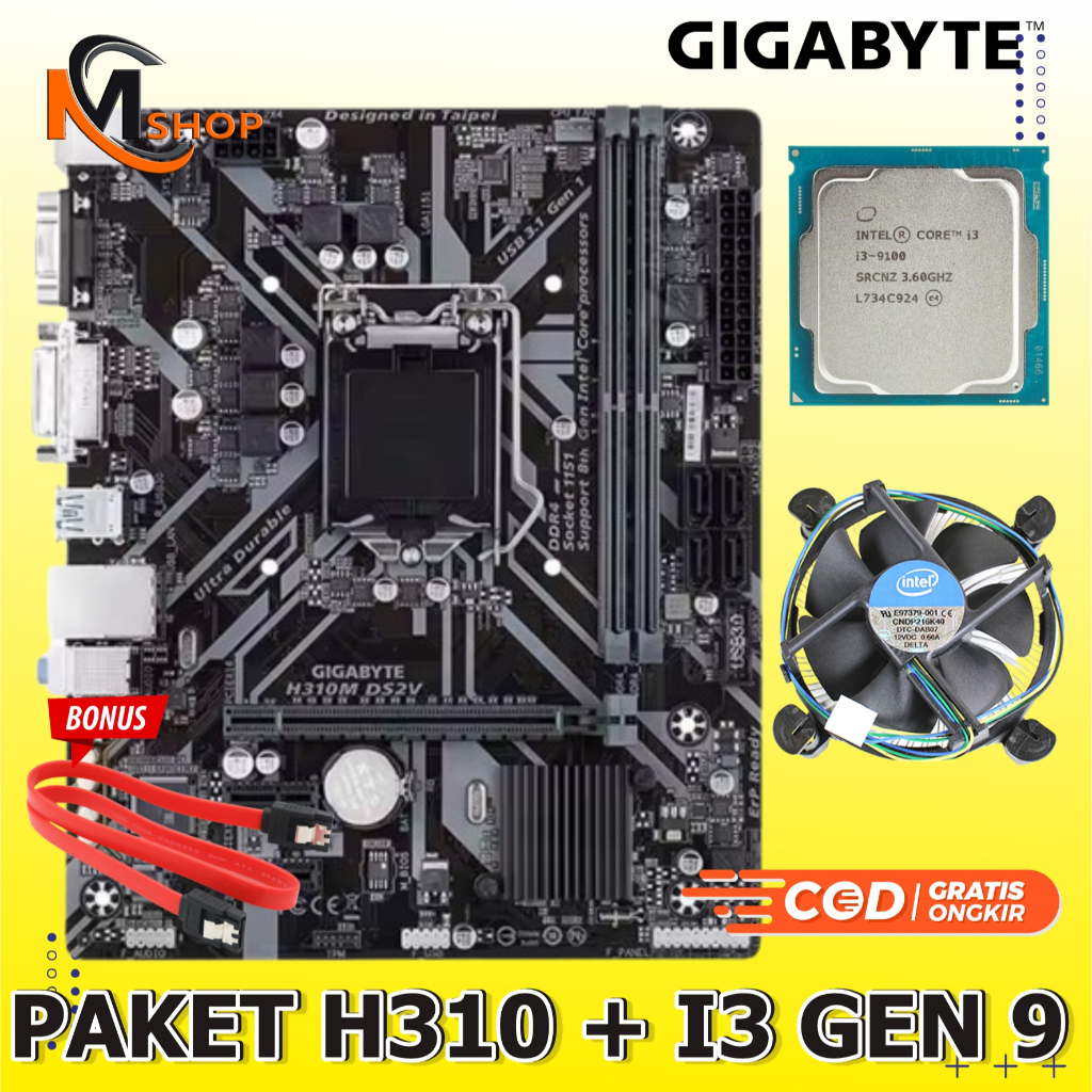 Paket Motherboard Mobo Mainboard H310 LGA 1151 DDR4 + Processor Intel Core i3 9100 Gen 9 + Fan