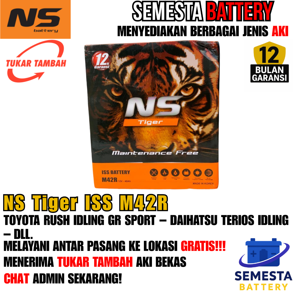Aki Mobil NS Tiger ISS M42R – Garansi 12 Bulan – Cocok untuk Rush Idling GR Sport dan Terios Idling