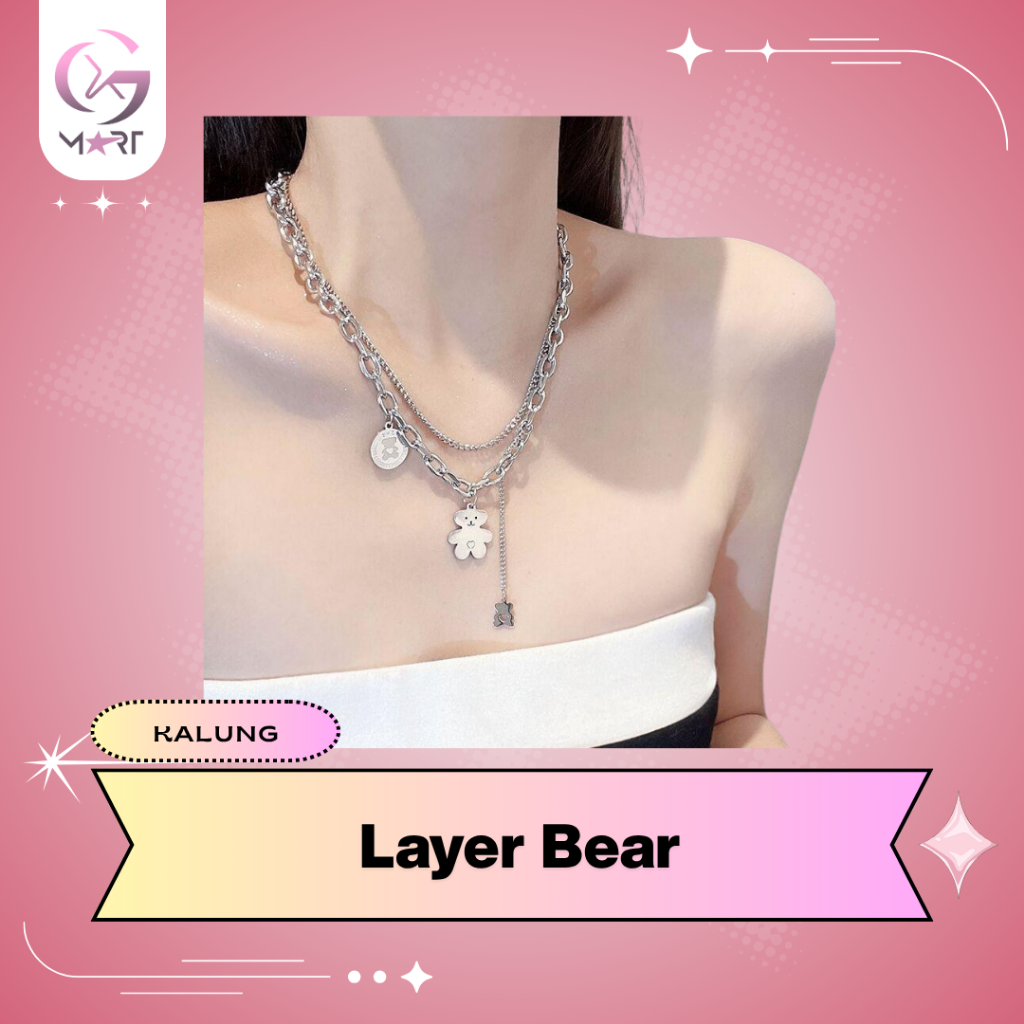 Kalung Layer Bear Korea Silver Tahan Lama | Liontin Beruang 3D Aesthetic Aksesori Wanita