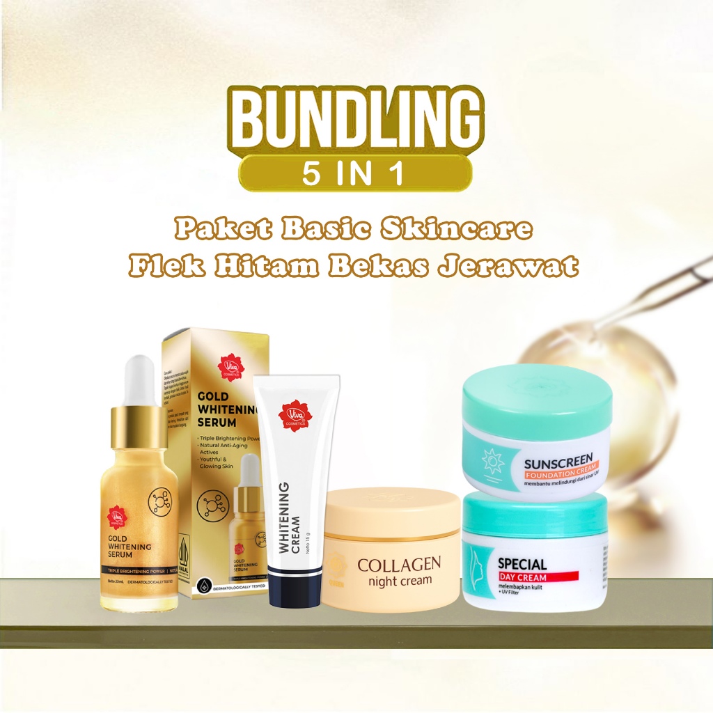 Paket Viva Skincare Pemutih 5 in 1 Penghilang Flek Hitam Bekas Jerawat - Serum Emas, Krim Siang, Mal