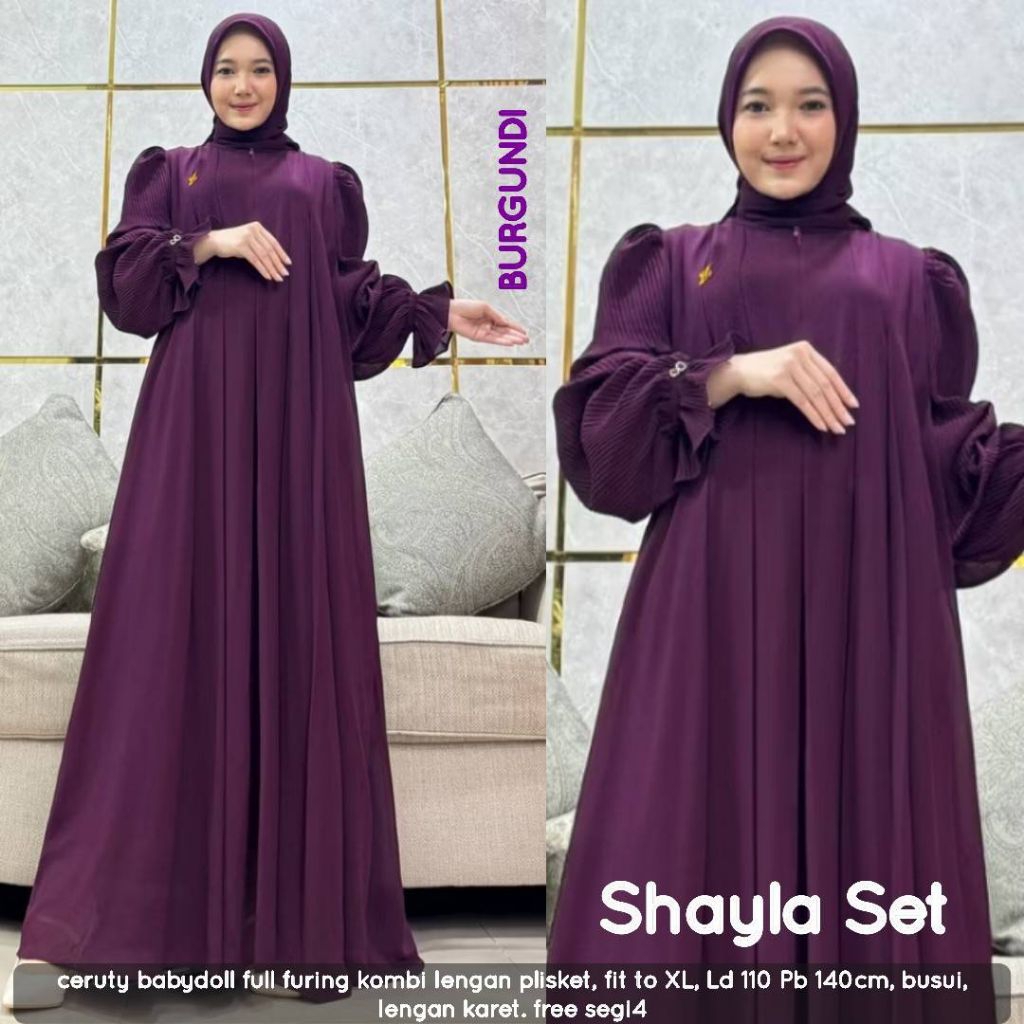 Shayla Set Hijab Jilbab Ceruty Babydoll Lengan Plisket Polos Cantik Baju Gamis Wanita Muslim Fashion