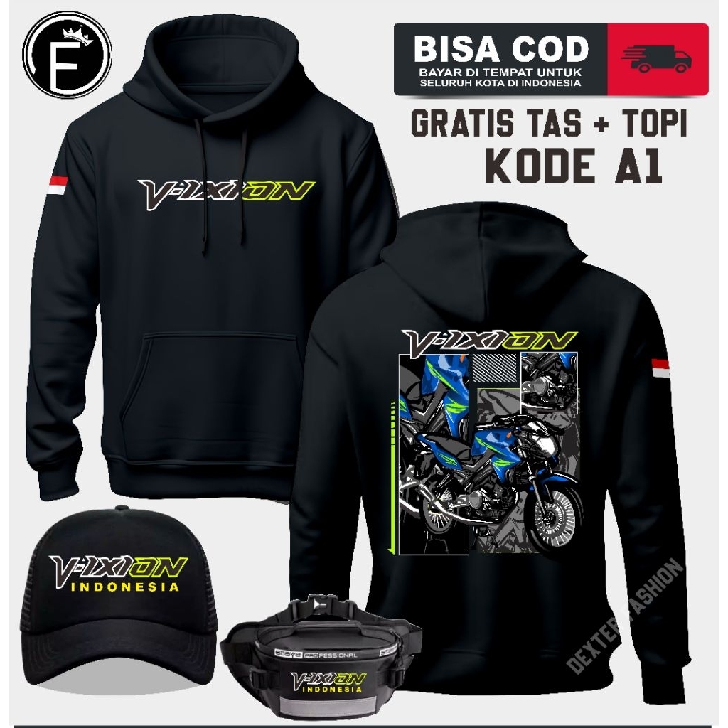 Sweater Hoodie motor Vixion terbaru bahan bagus tebal nyaman tidak berbulu gratis tas dan topi sweat