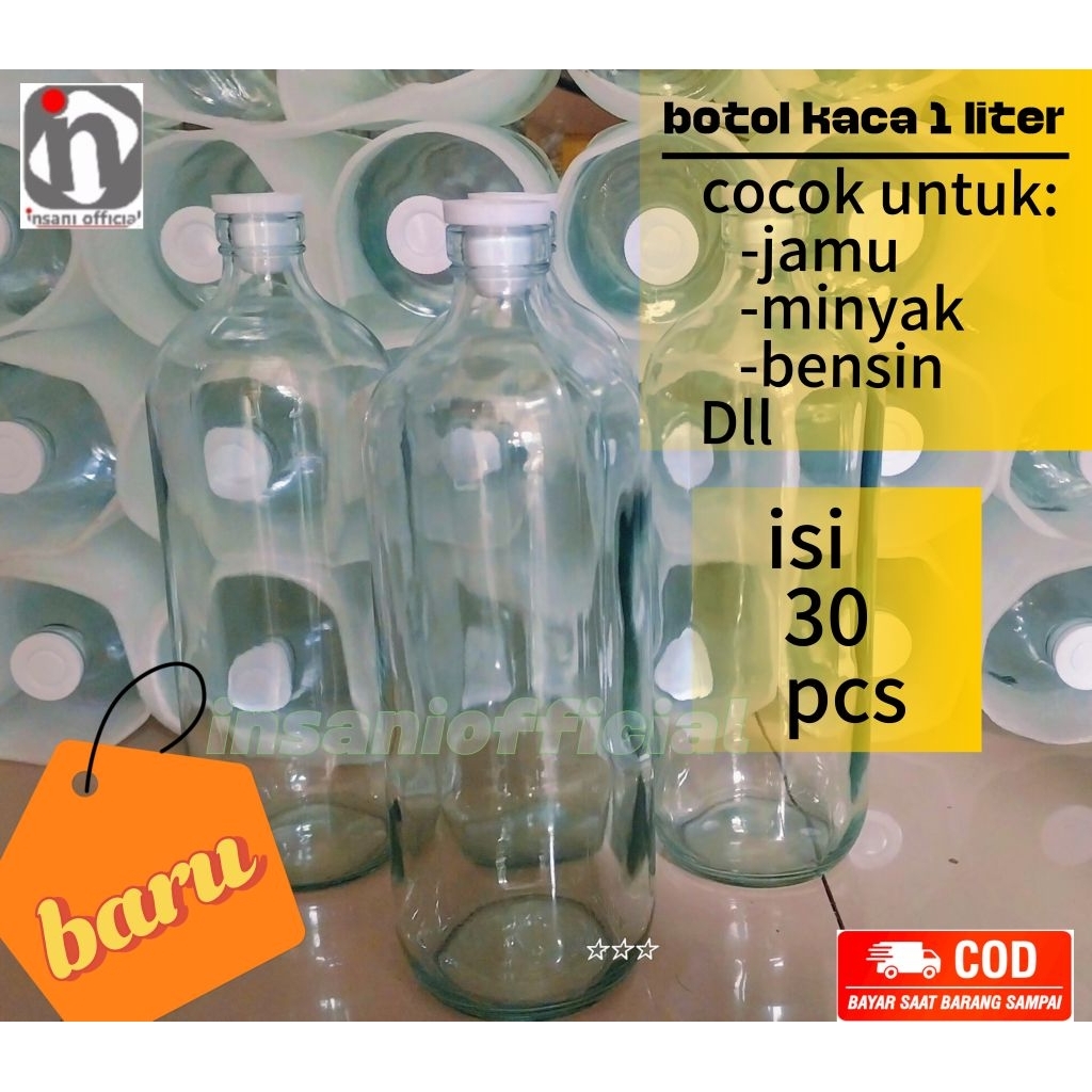 ( PAKET isi 30 ) Botol Kaca 1 Liter Tutup plug cocok untuk botol bensin - botol minyak goreng - boto