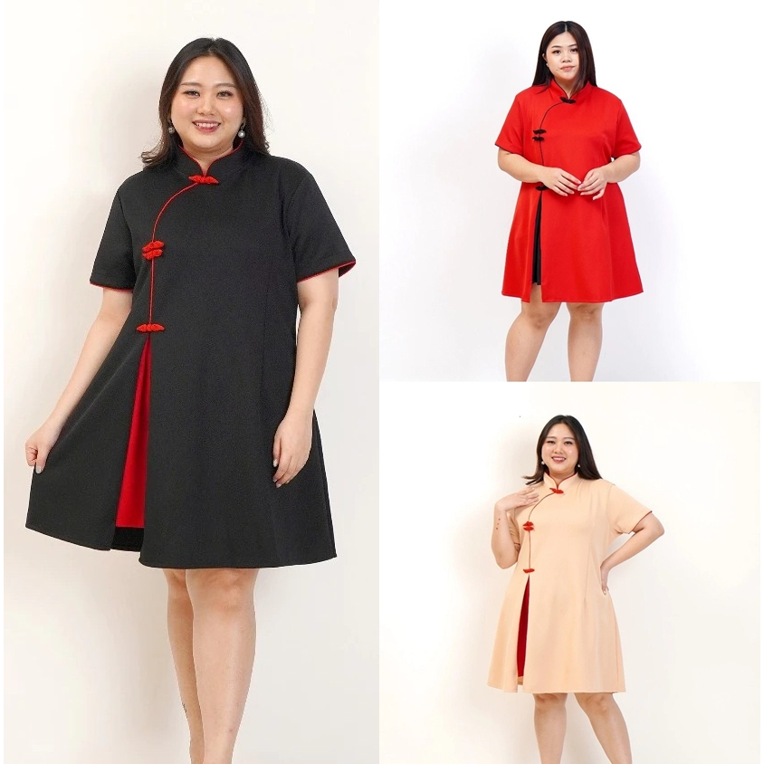DRESS CHEONGSAM WANITA JUMBO BIG SIZE PREMIUM 033 BAJU IMLEK ORIENTAL OVERSIZE SHANGHAI XXL XXXL | D
