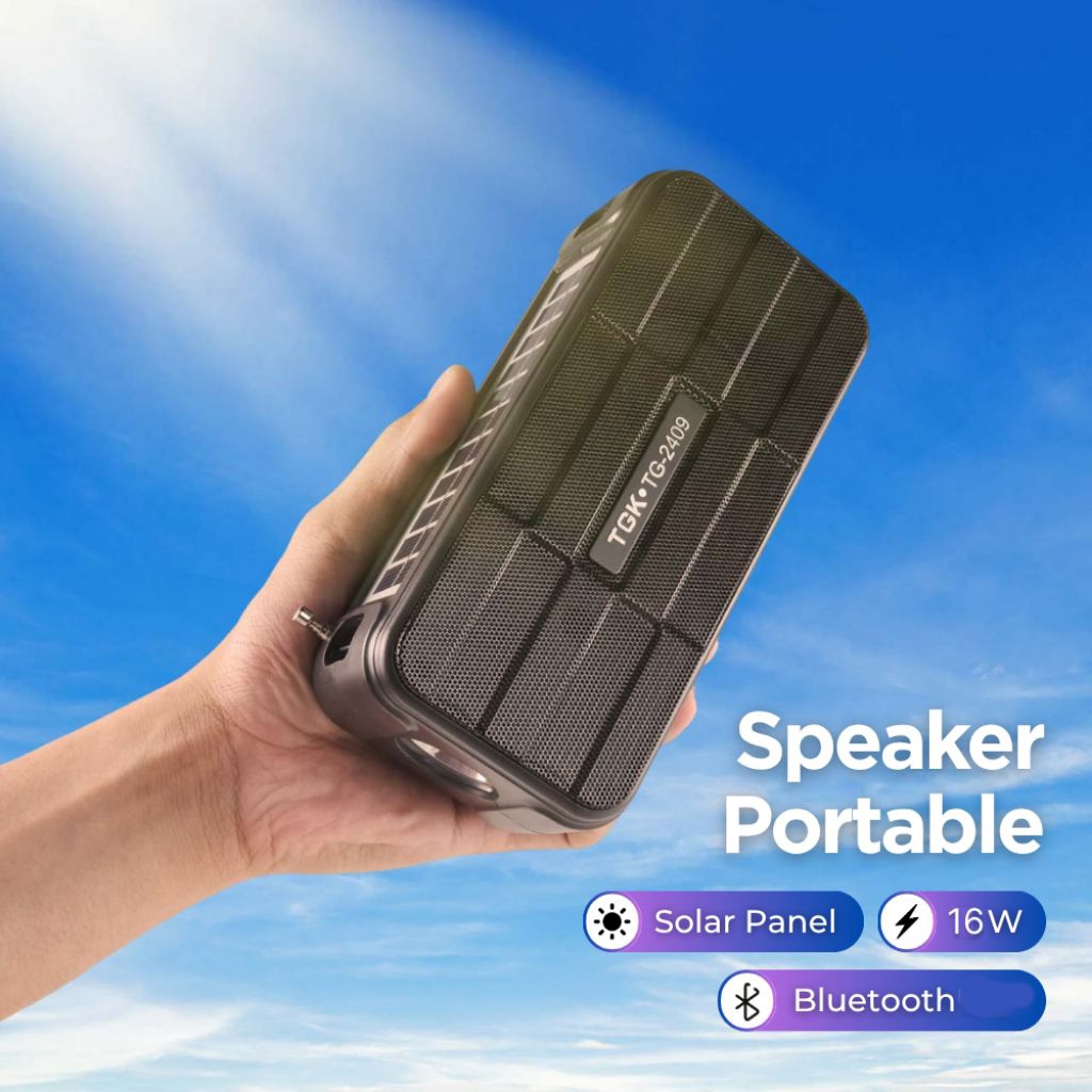 Speaker bluetooth FM radio portable tenaga Surya dengan senter LED