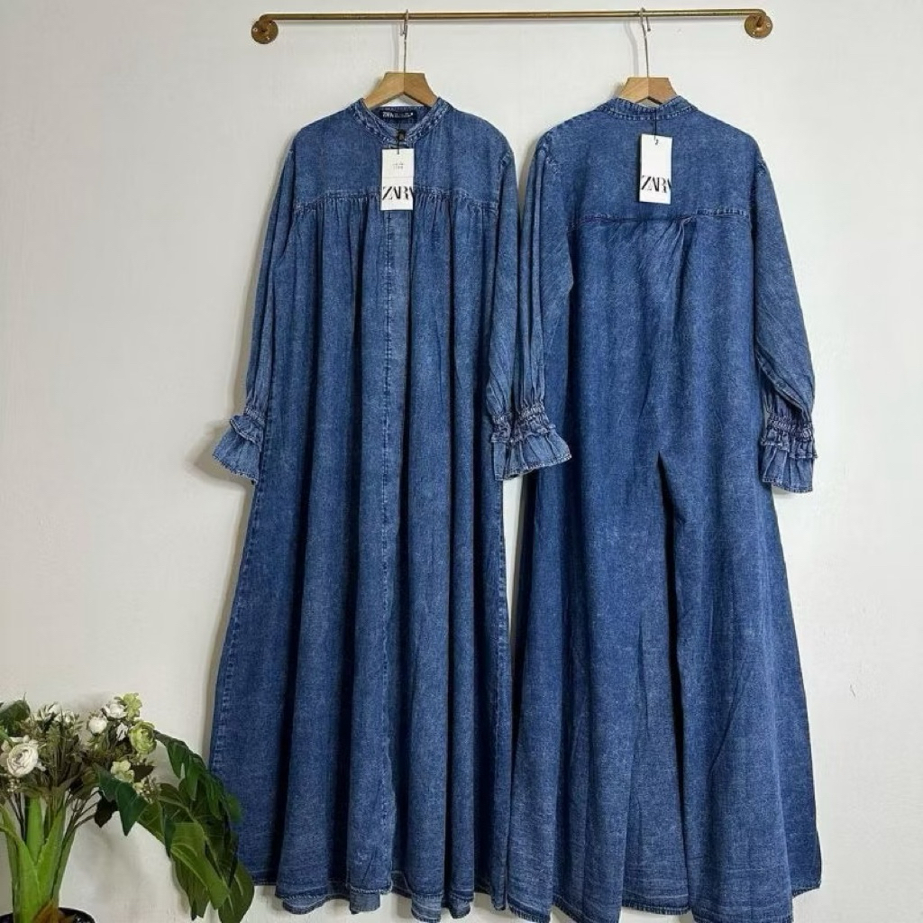 Gamis Jeans Zara Panjang LD 116cm Lengan Kerut Atasan Wanita Soft Jeans