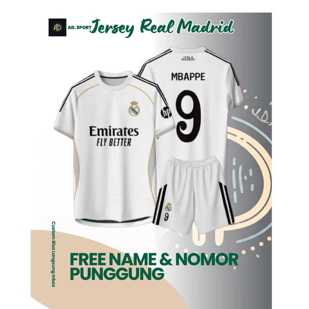 ‎Baju Kaos Jersey Sepak Bola Real Madrid Terbaru Free Nama & No Punggung Full Printing Pria Wanita