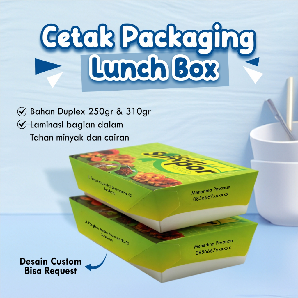 Paper Lunch Box Custom Logo | Box Makanan Laminasi Full Colour Tahan Minyak Gratis Desain