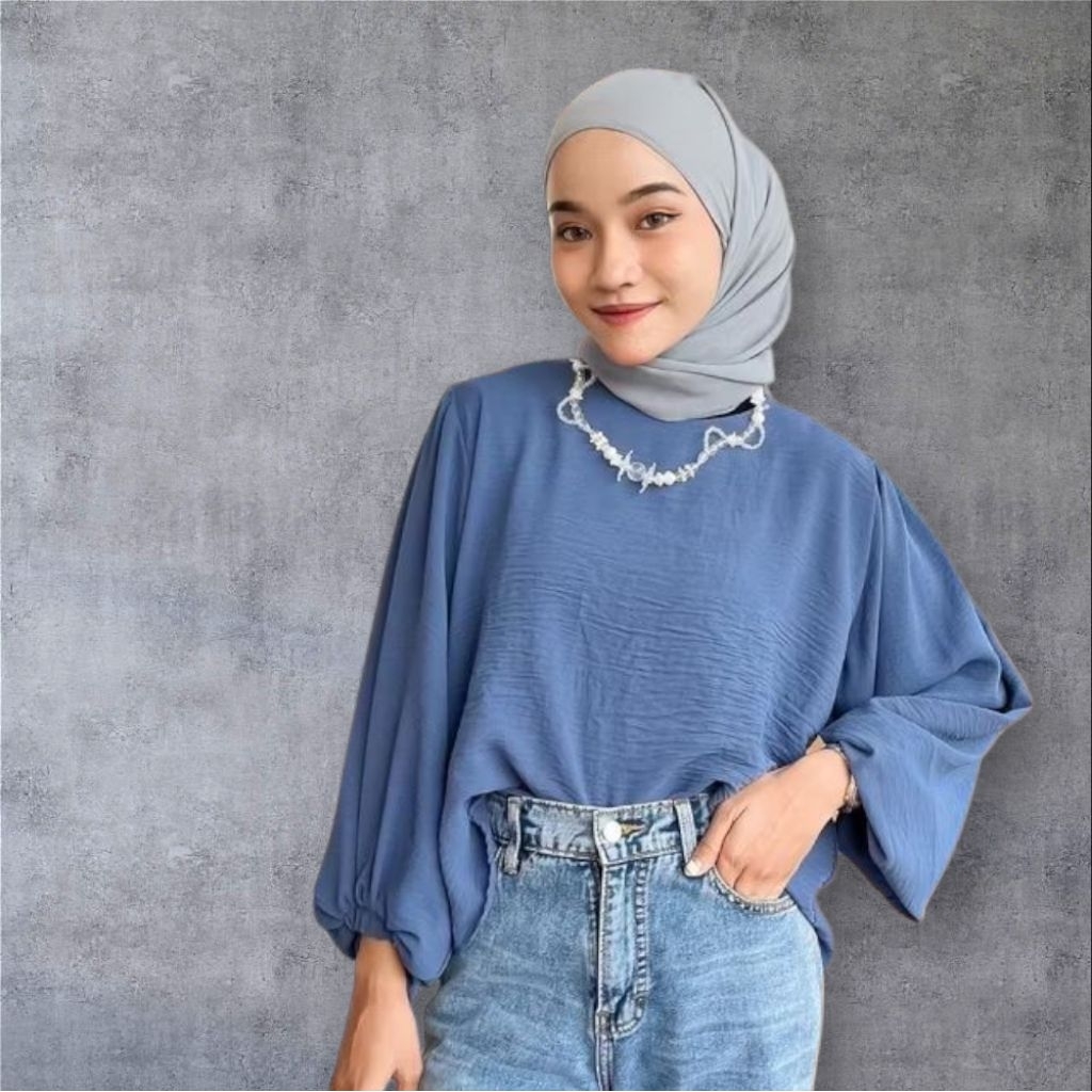 Blouse crinkle Lengan balon blouse wanita oversize Ld 120 blouse jumbo