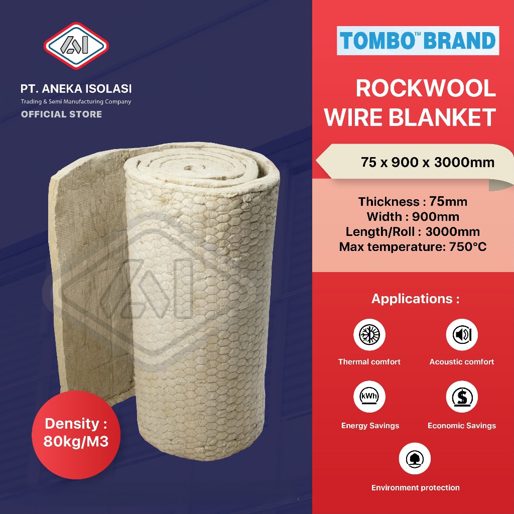 Rockwool Wire Blanket/Rockwool Kawat/ density 80KG/M3 (Tebal 75x900x3000mm)
