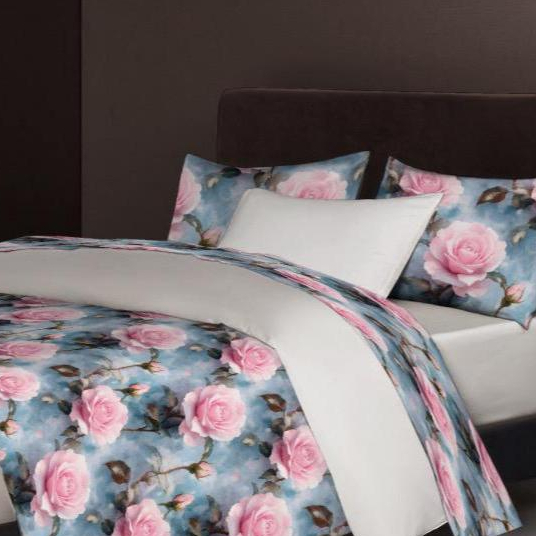 Sprei Katun jepang Motif Bunga Rose Mawar Cantik Pink Biru ZM 37