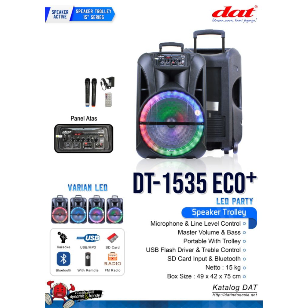 DAT Speaker DT-1535 – Trolley Speaker 15”, Bluetooth, USB/SD, FM Radio, LED Panel, 2 Mic Wireless + 