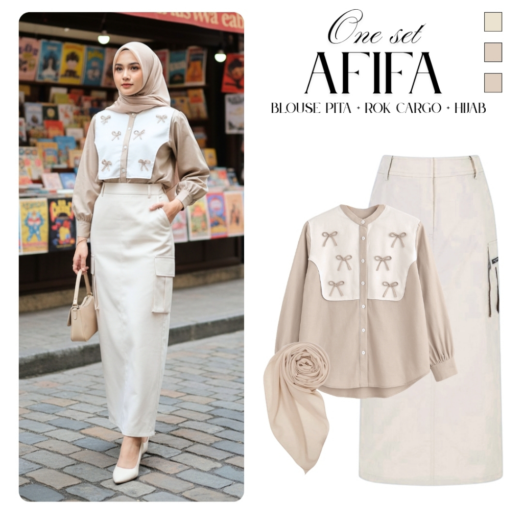 Outfit Cewek Satu Set ( Kemeja Vest Pita+ Rok Cargo + Hijab ) Ootd Remaja Wanita One Set Afifa Kekin