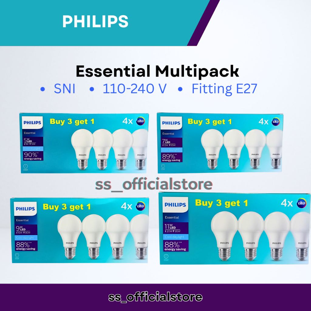 Lampu Philips Essential Multipack 3+1 LED 5watt/7watt/9watt/11watt