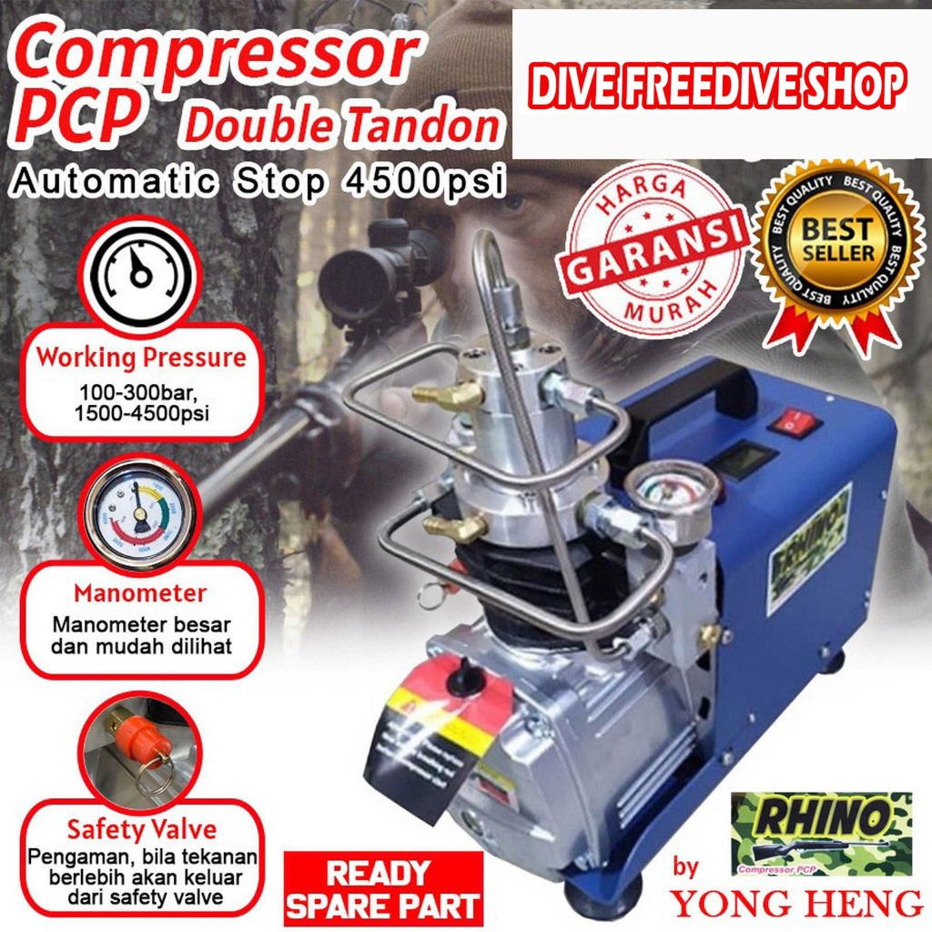 Mini Compressor Kompresor Pompa PCP Rhino Yong Heng Auto Stop 300Bar 4500Psi Selam Scuba Diving Free