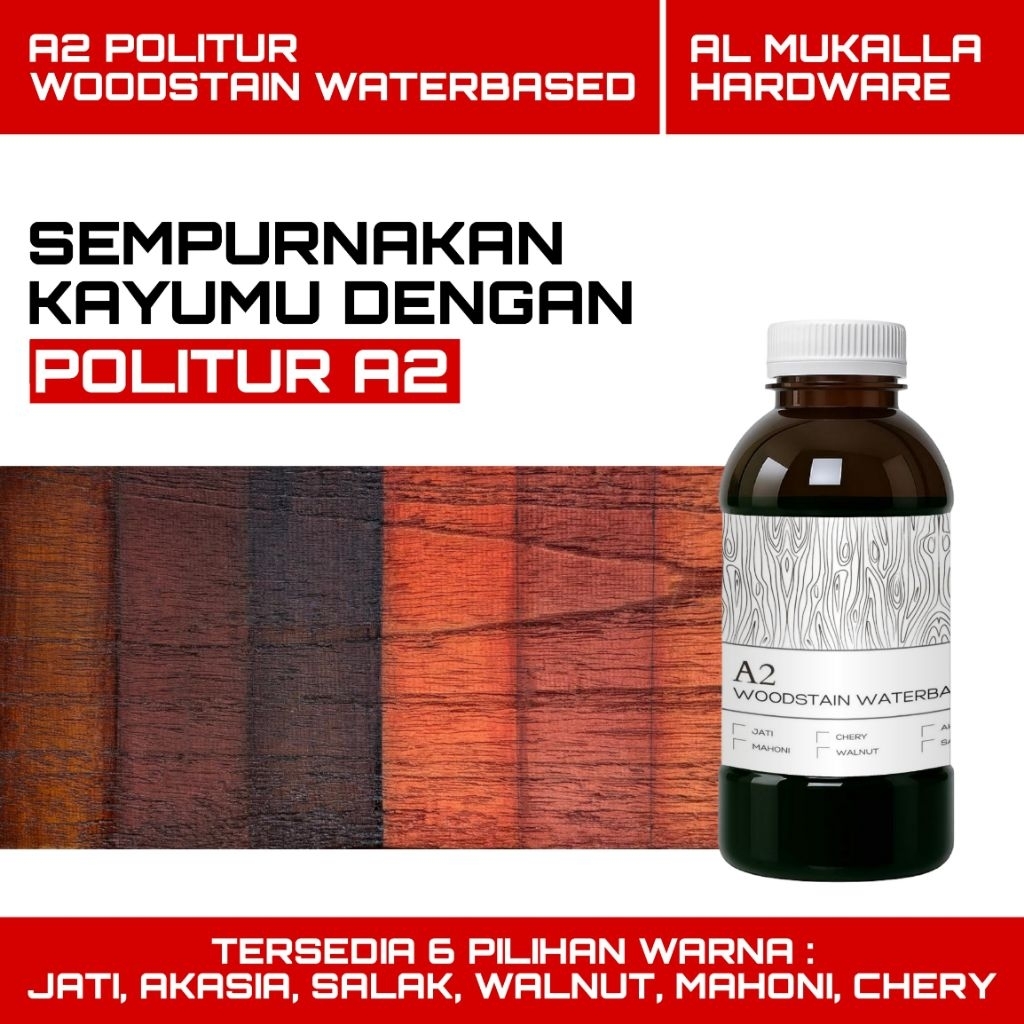 Pewarna Kayu Politur & Vernis Woodstain Waterbased Botol 500ml | Politur Kayu Jati Mahoni Walnut Pew