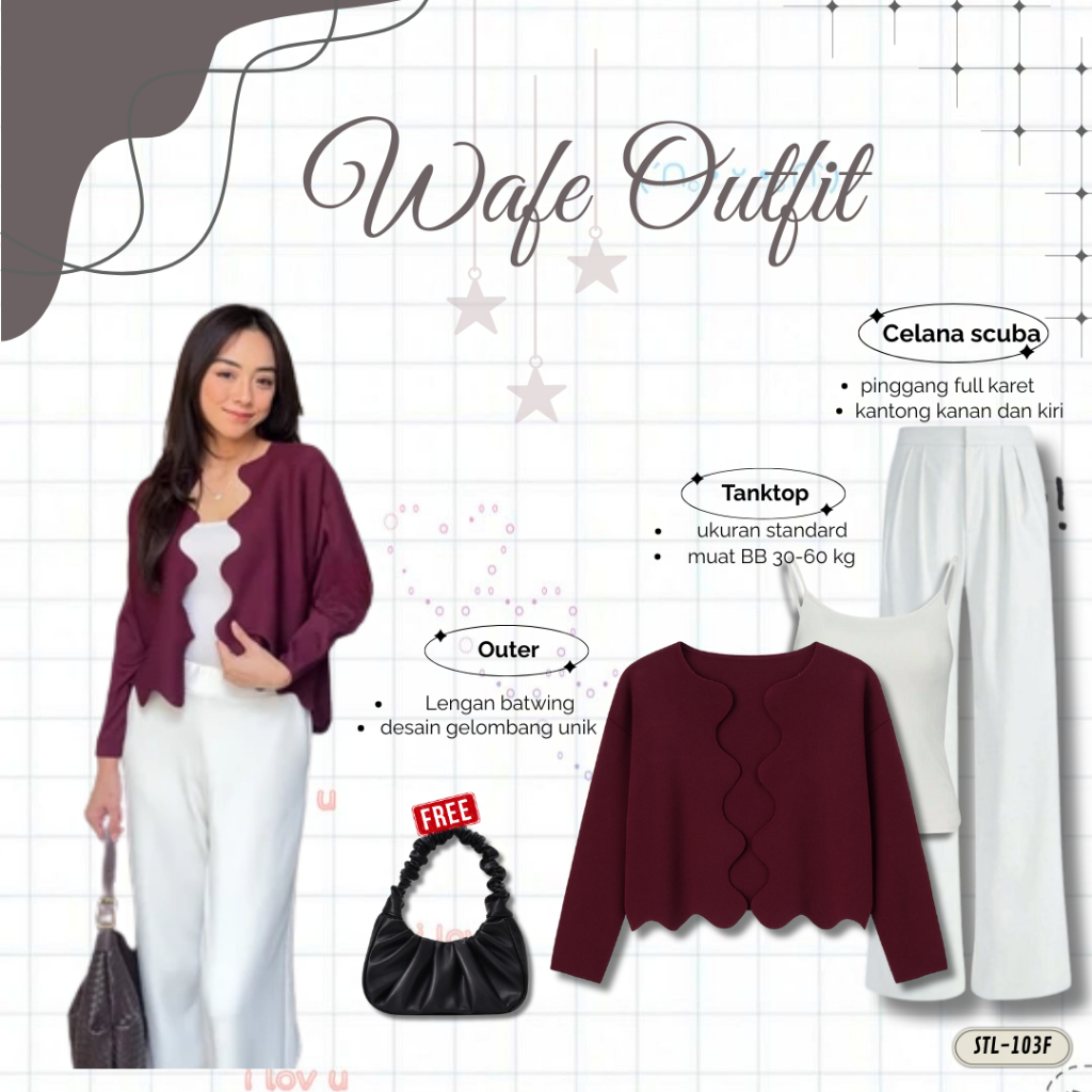 Setelan Outer Wave Pleats Outfit Korean Style Kulot + Outer +Tanktop Outfit Ngopi Kekinian Cardigan 