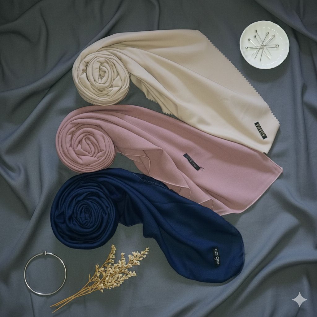 PRELOVED hijab segi Azara Cream, Salafi Pink, Ansania Navy ukuran 130×130 cm No Minus