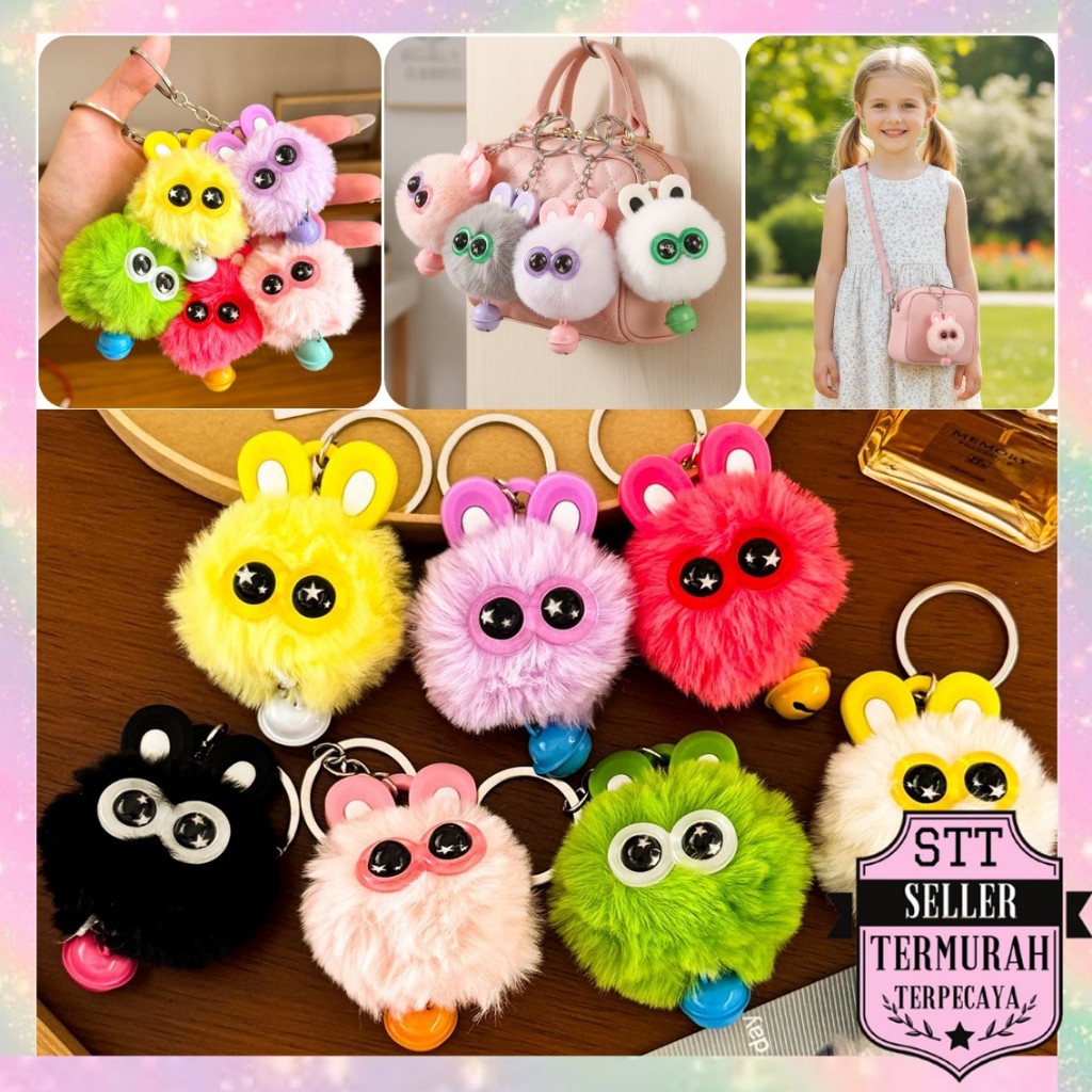 STT Gantungan Tas Kunci Boneka Bola Bulu Bermata Besar Gantungan Kunci Kelinci Dengan Lonceng Bag Ch