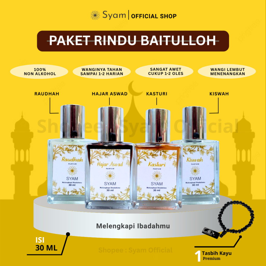 Parfum Syam Kasturi Paket 4 botol 30 ml Aroma Tanah Suci Minyak Wangi Ibadah Sholat, Haji, Umroh Eau