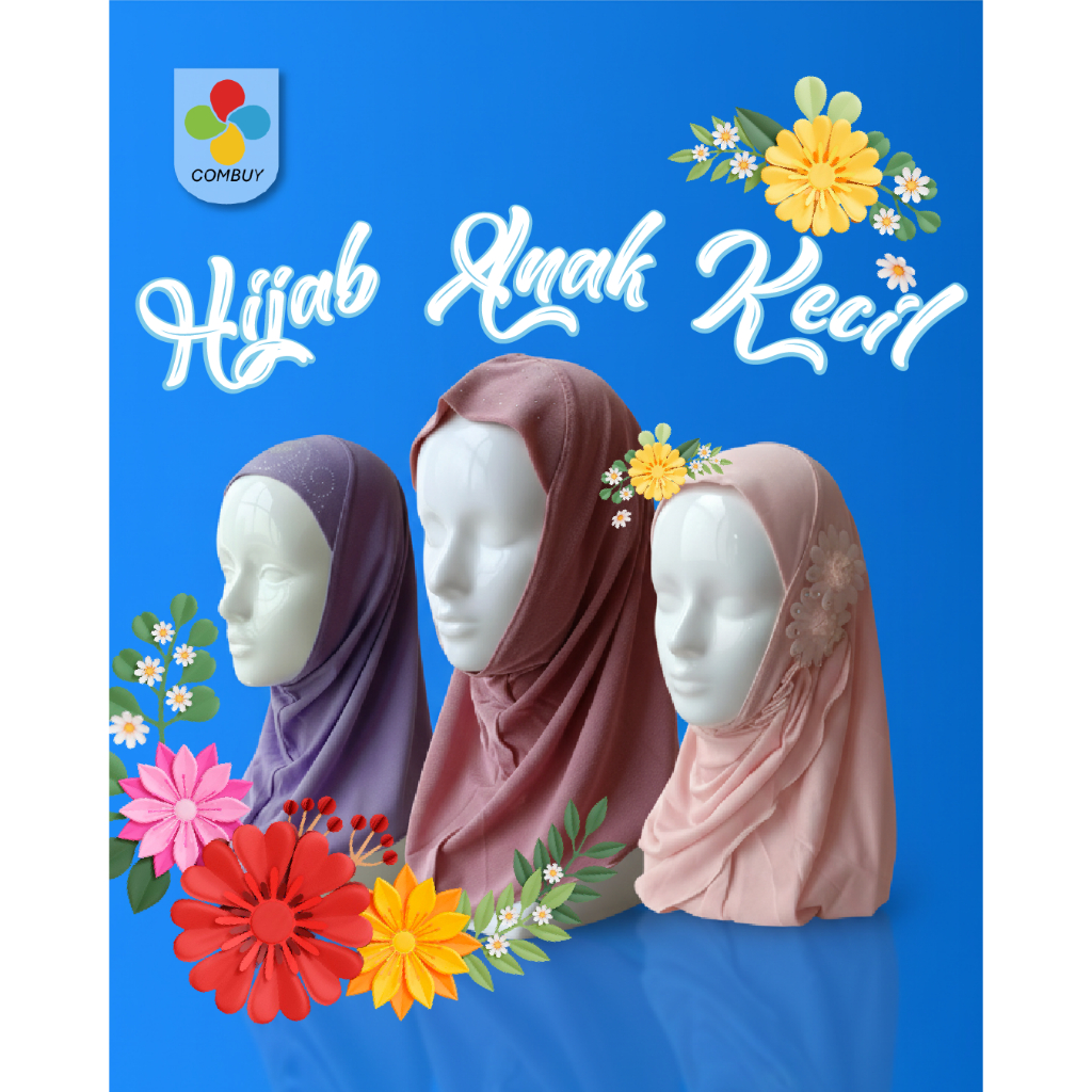 Hijab Anak Kecil Motif Polos / Bunga Tinggal Pakai Instan