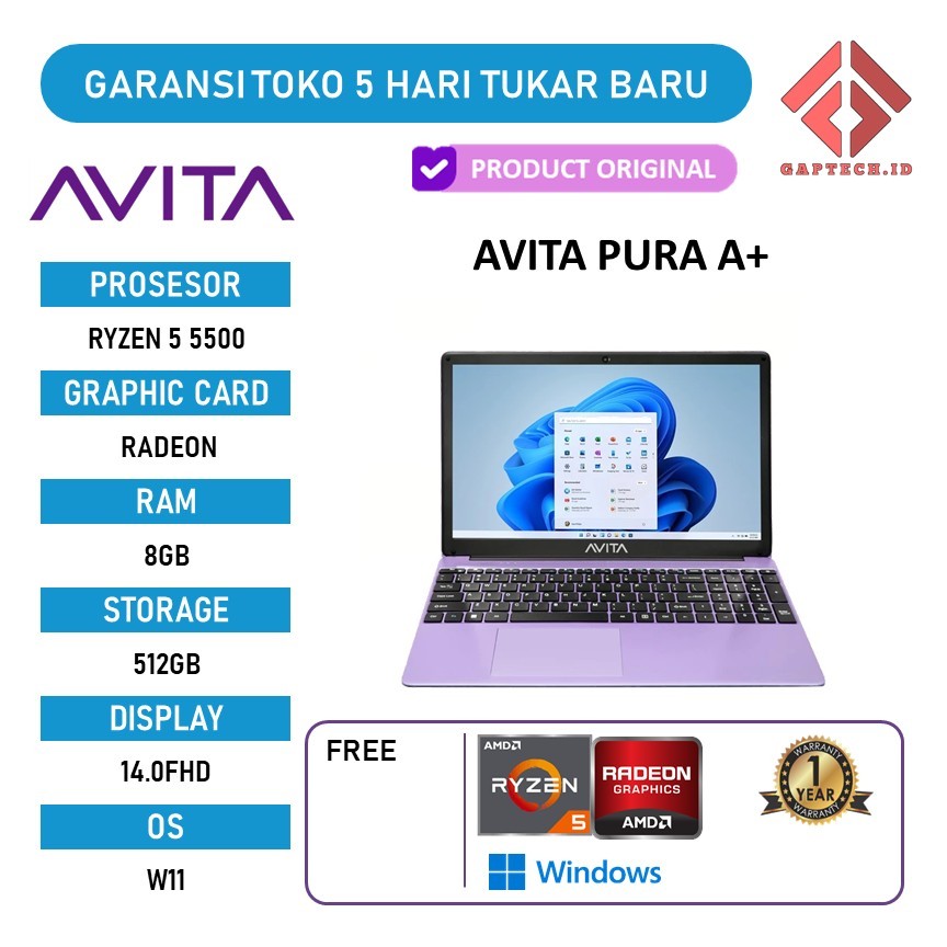 AVITA PURA A+ RYZEN 5 5500 8GB 512GB W11 14.0FHD