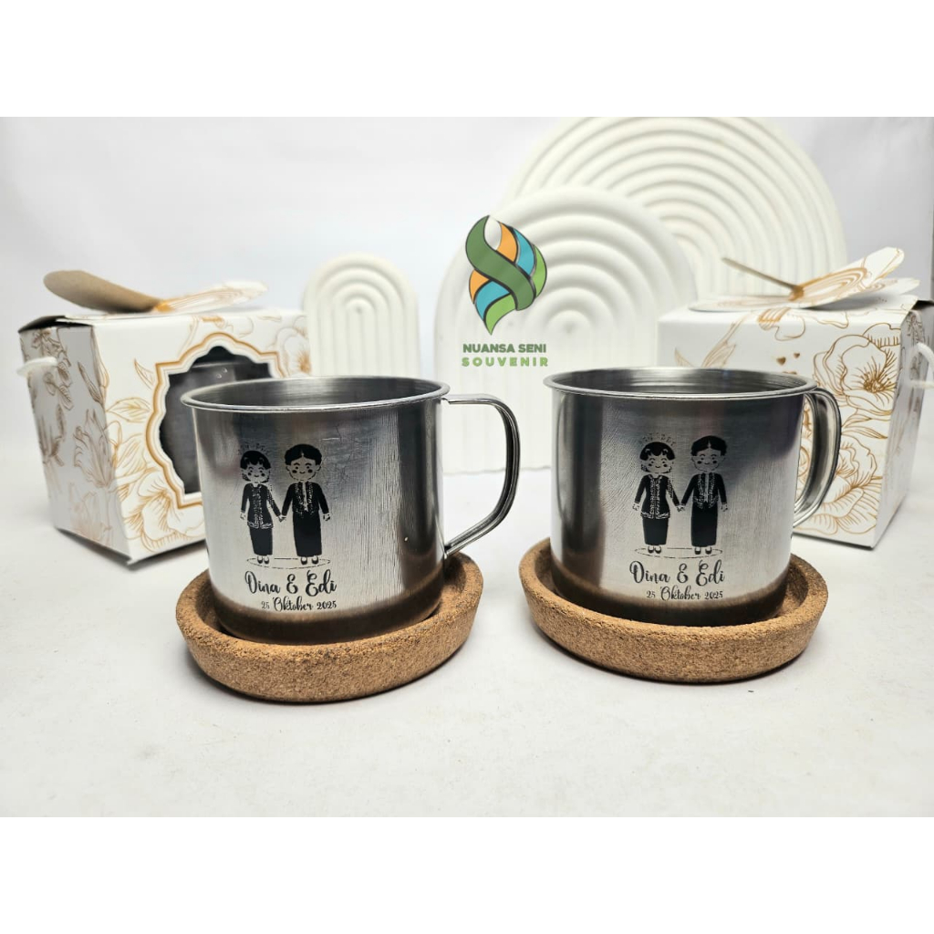 Souvenir Gelas Minum Enamel Stainless 7 cm Mug Vintage Silver Cangkir Kopi Gagang Sablon Kemas Box