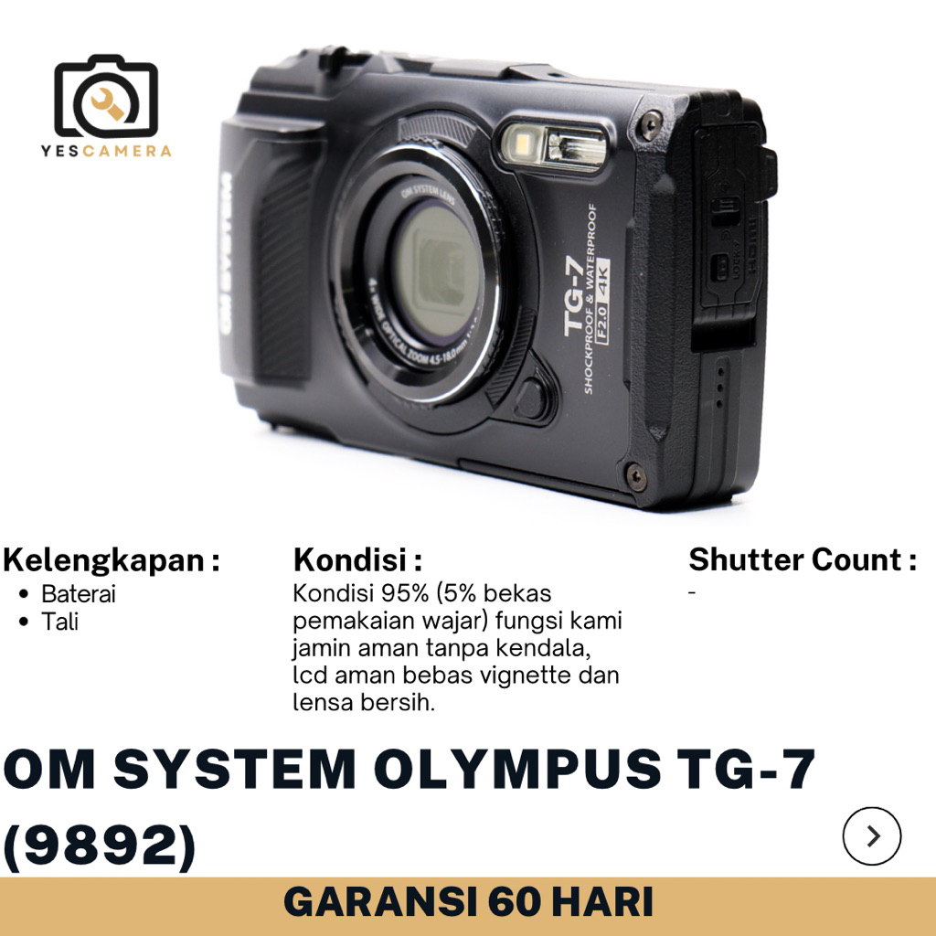 Kamera Pocket Olympus TG-7 OM System (Bekas) - 12MP , Waterproof, Video 4K30fps , Wifi, GPS - Unit O