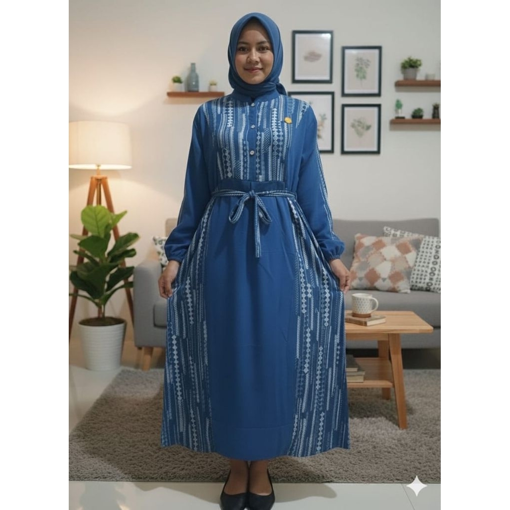 Adibah dress gamis lebaran 2026 bahan crinkle motif bunga etnik abstrak/gamis lebaran model kekinian