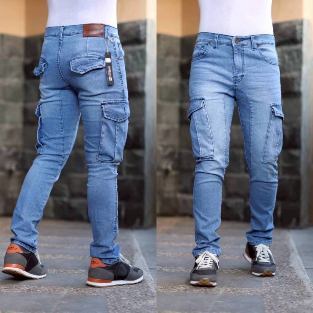 SHAKHAN Celana Cargo Jeans Pria SlimFit - Celana Jeans Cargo Slimfit - Cargo Pria Bikers Cargo