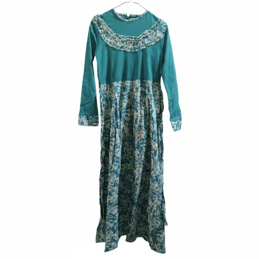 Gamis Dress Panjang Batik Hijau Tosca Wanita Preloved