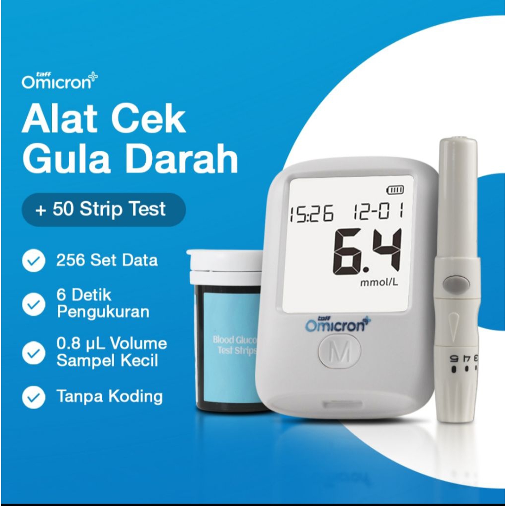Taff Omicron alat ukur cek gula darah Glucometer kit 50 test strip / alat tes kesehatan monitor digi