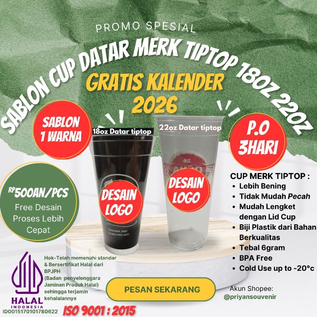 sablon gelas minuman cup datar slim ukuran  22oz merek hok